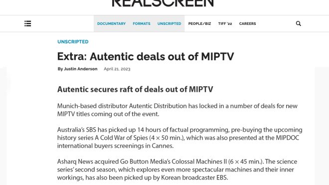 Realscreen: Autentic deals out of MIPTV