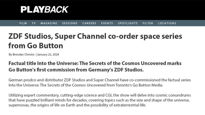 ZDF Studios, Super Channel co-order space series from Go Button